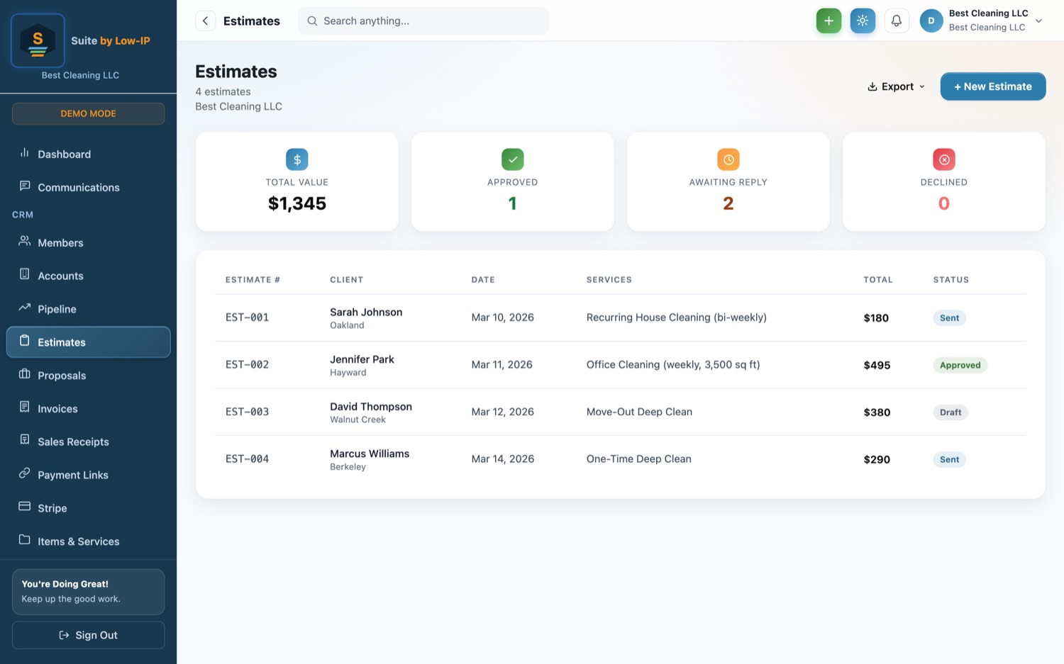 The SUITE estimates list showing value, approval status and client detail