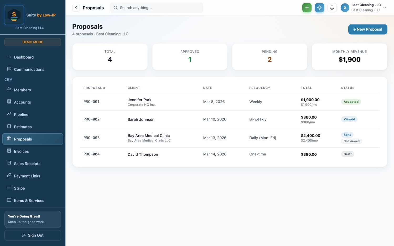 The SUITE proposals list showing status and value per proposal